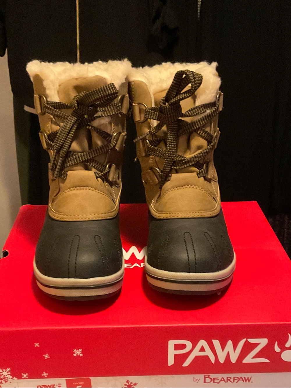 BearPaw Kids Tan and Black Lace-Up Snow Boots